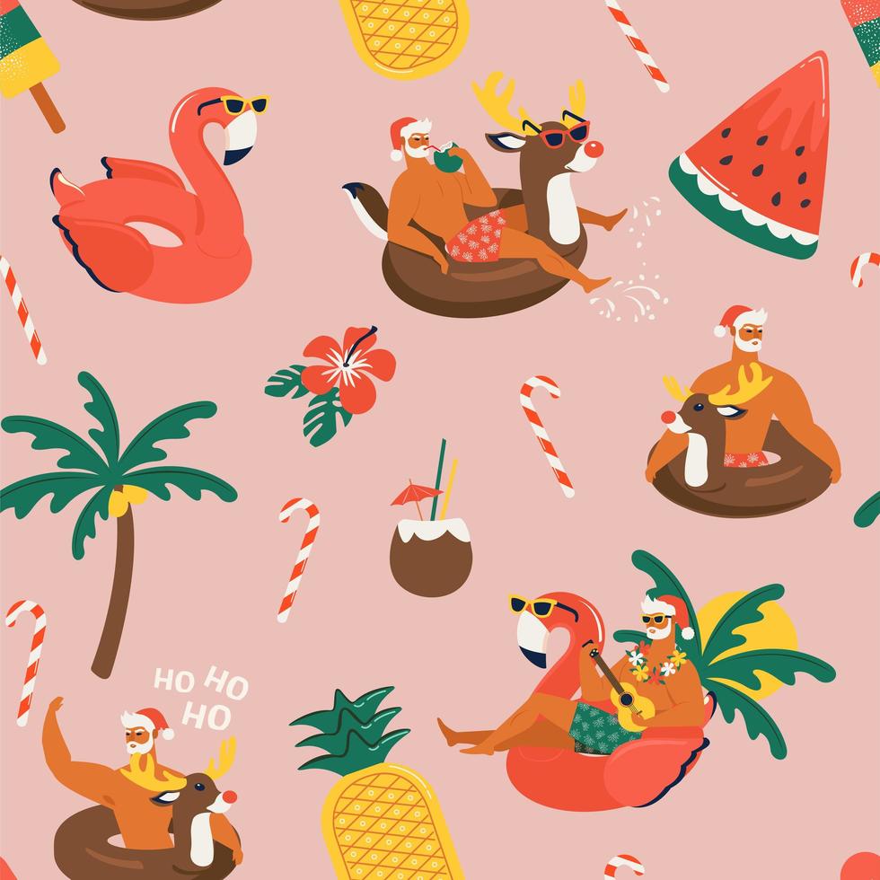 Navidad de patrones sin fisuras con lindos animales divertidos de santa claus con renos y anillo inflable de flamencos. navidad tropical. ilustración vectorial. vector