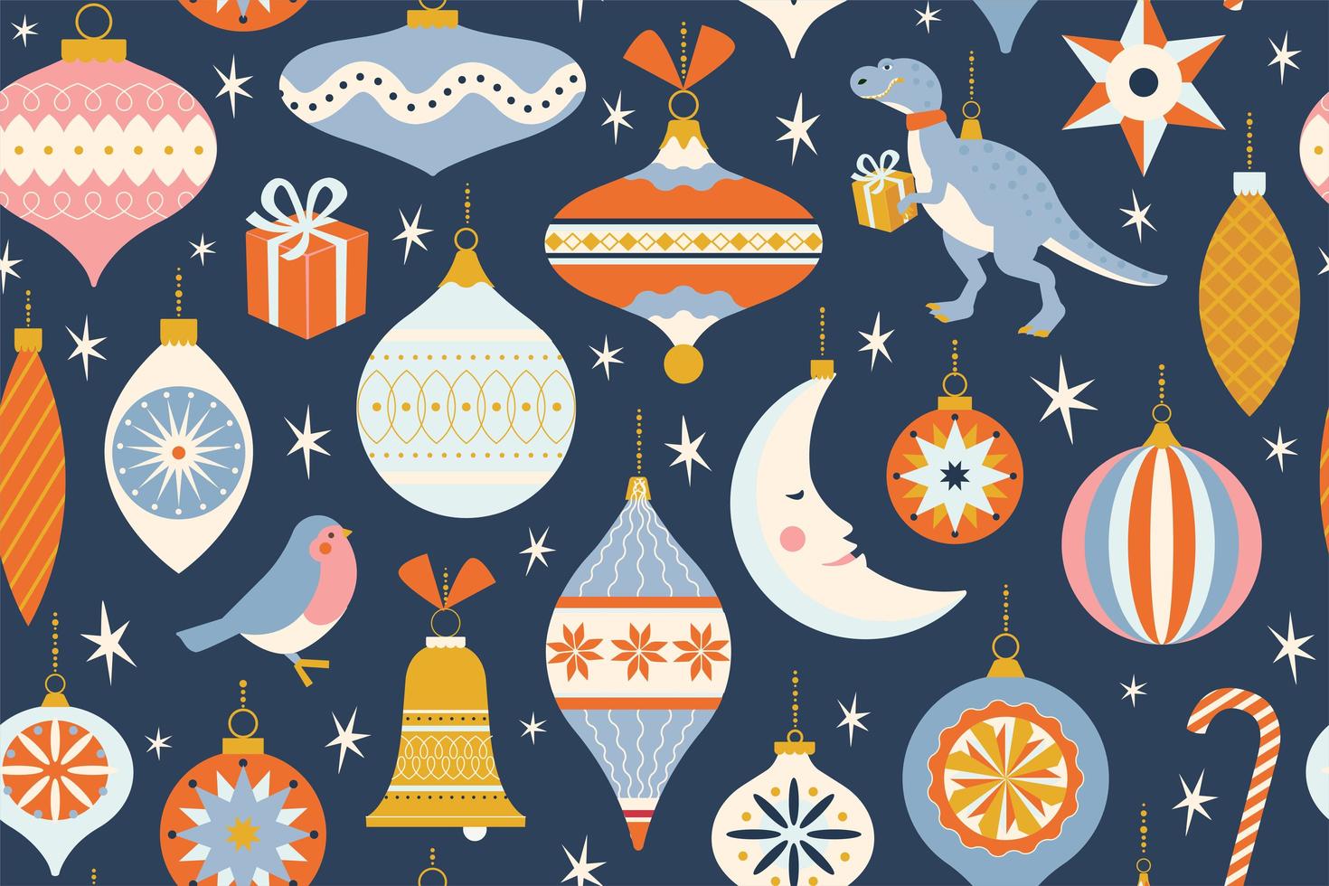 Merry Christmas and New Year card with various of Christmas toys and present in in retro mid century modern style. Winter holidays seamless pattern in vector. vector