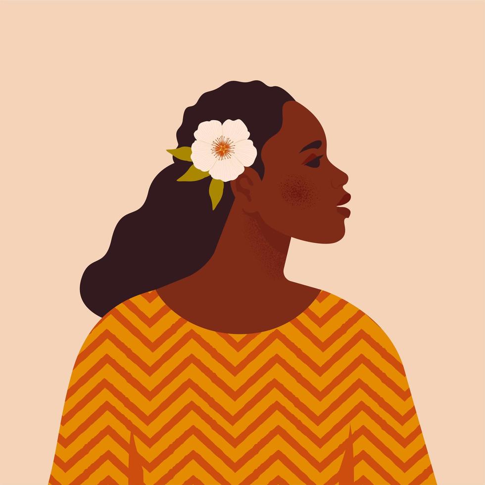 Beautiful black woman. Young african american. Portrait of young woman with beautiful face and hair. Side view. Isolated on a beige background. vector