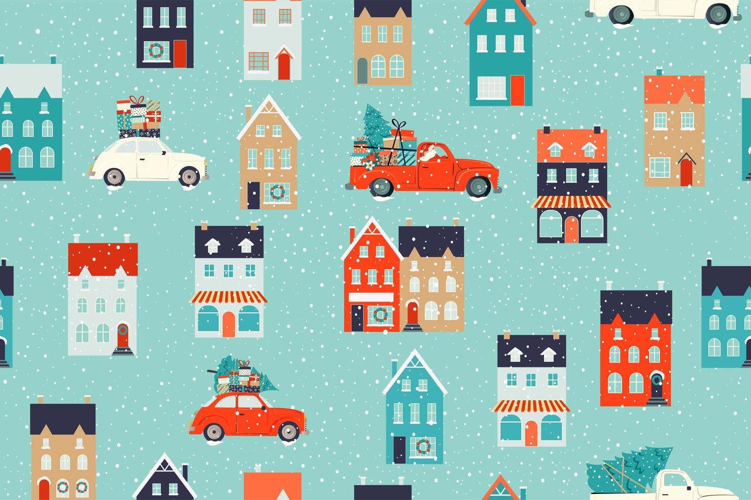 Winter houses for Christmas and Red retro car with a fir tree and gifts. Christmas fabrics and decor. Seamless pattern. vector