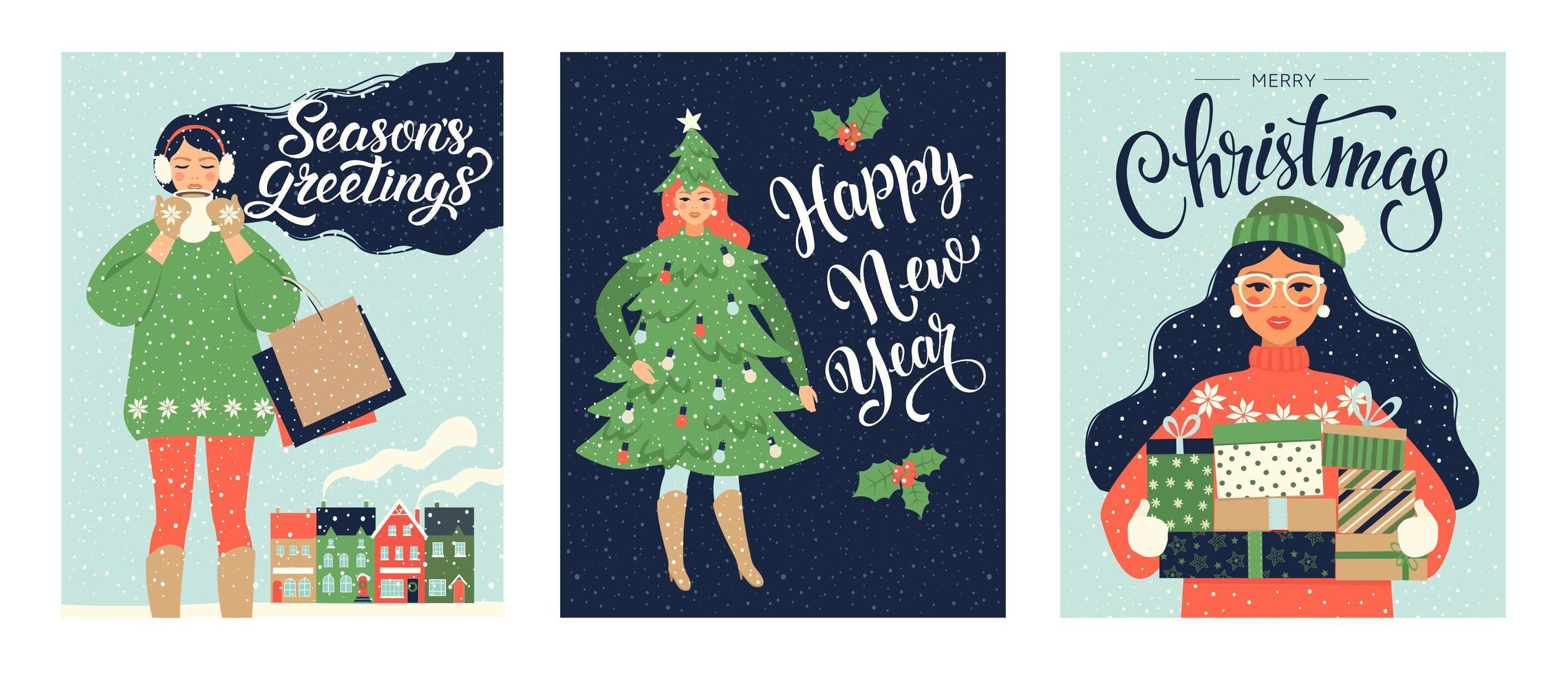 Set Christmas card and Happy New Year templates. Trendy retro style. Vector design template.