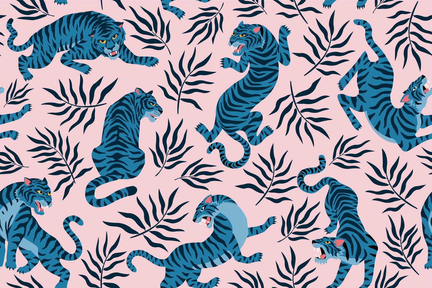 Tigers and tropical leaves. Trendy illustration. Abstract contemporary seamless pattern. vector