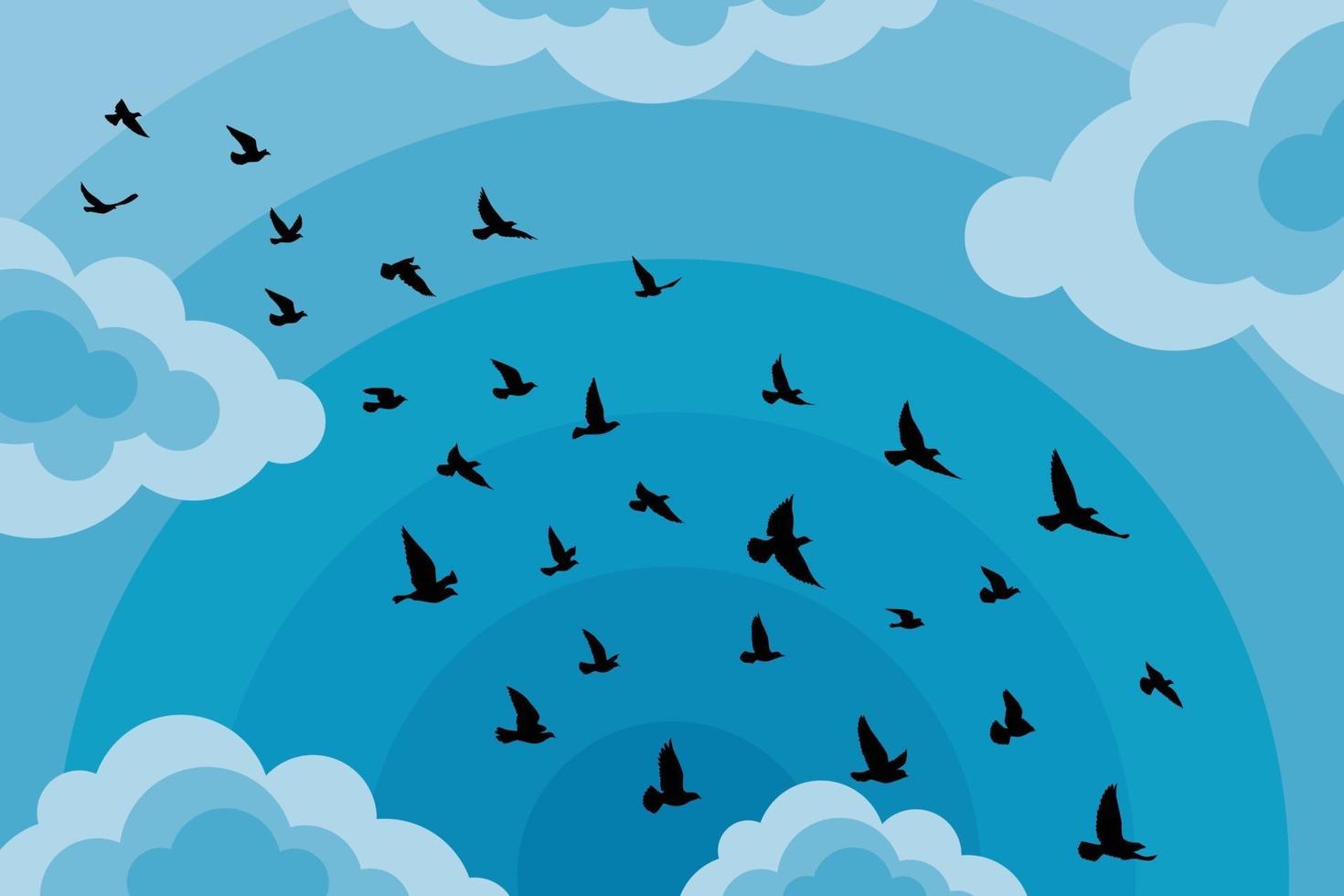 siluetas de aves voladoras sobre fondo blanco. ilustración vectorial. vuelo de pájaro aislado. Diseño de fondo de tatuaje y papel tapiz. cielo y nube con pájaro mosca. vector