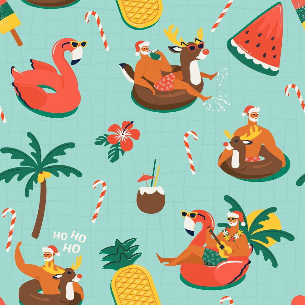 Navidad de patrones sin fisuras con lindos animales divertidos de santa claus con renos y anillo inflable de flamencos. Ilustración de vector de Navidad tropical.