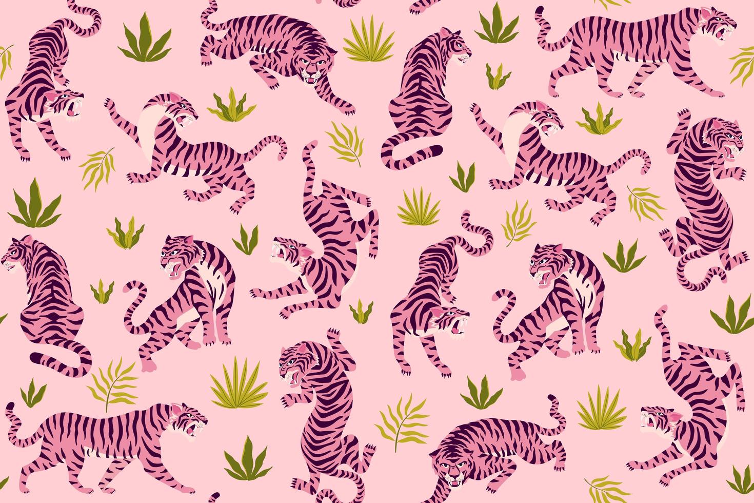 tigres rosados y hojas tropicales. patrón transparente de vector con lindos tigres en el fondo. diseño de tela de moda.