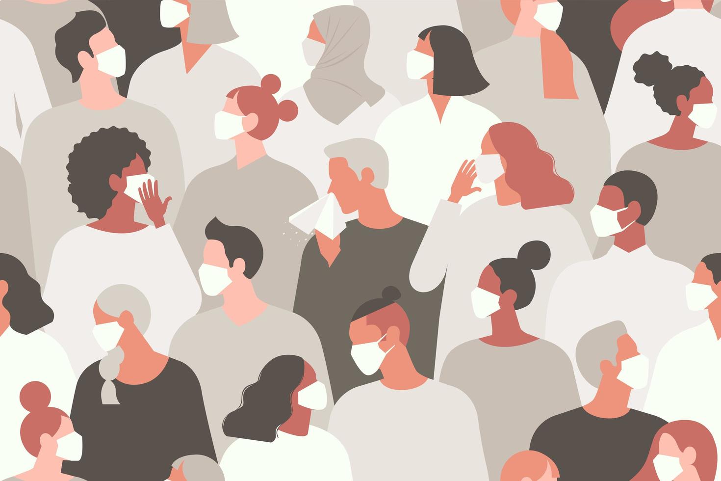 Coronavirus pandemic. Novel coronavirus 2019-nCoV, people in white medical face mask. Concept of coronavirus quarantine vector illustration. Seamless pattern.