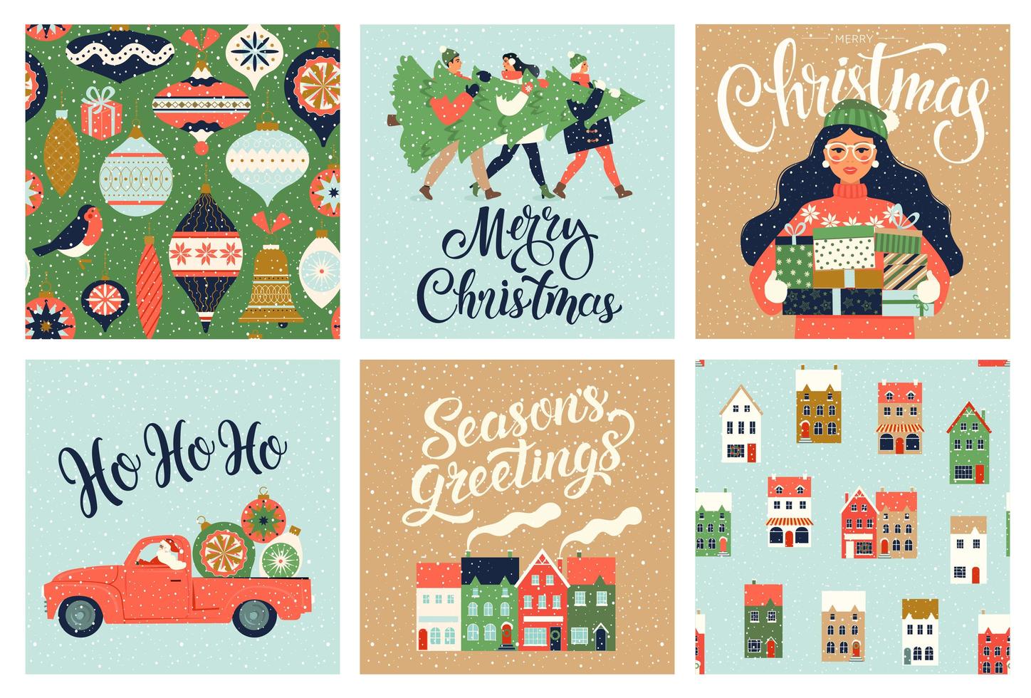 Christmas and New Year Template Set for Greeting Scrapbooking, Congratulations, Invitations, Tags, Stickers, Postcards. Christmas Posters set. Vector illustration.