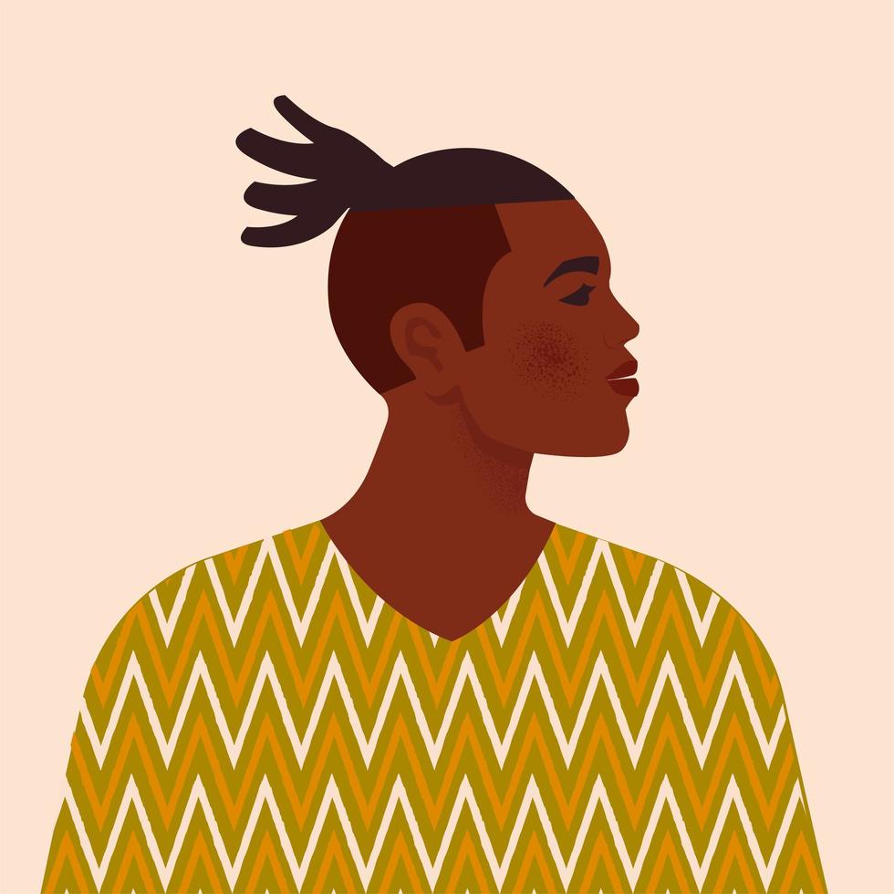 Handsome black man. Young african american. Portrait of young guy with hair. Side view. Isolated on a beige background. vector