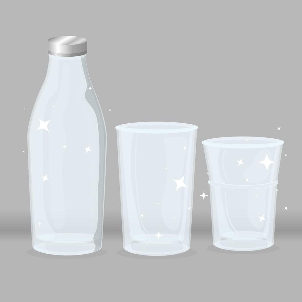 maqueta de botellas y vasos vacíos transparentes vector