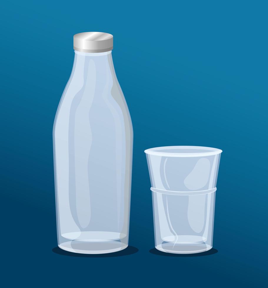 transparent empty bottle and short glass mockup vector