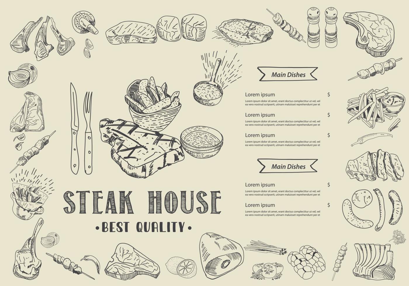 Steak menu for restaurant and cafe. Food flyer. vector