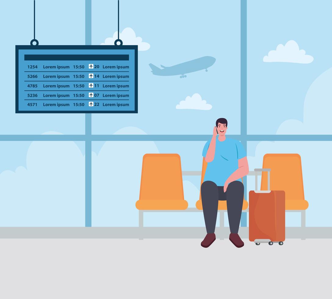 man sitting on the chair at the airport terminal vector