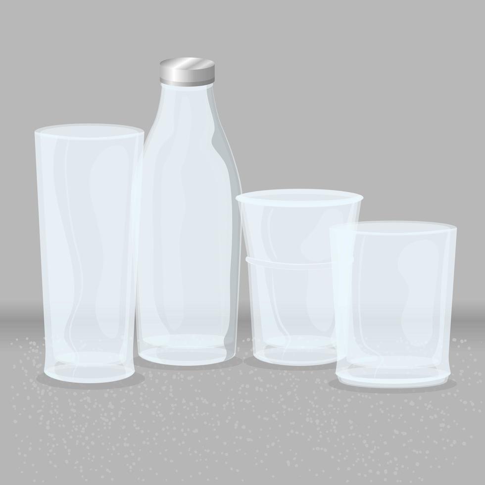 conjunto de maqueta de vidrio y botella vacía transparente vector