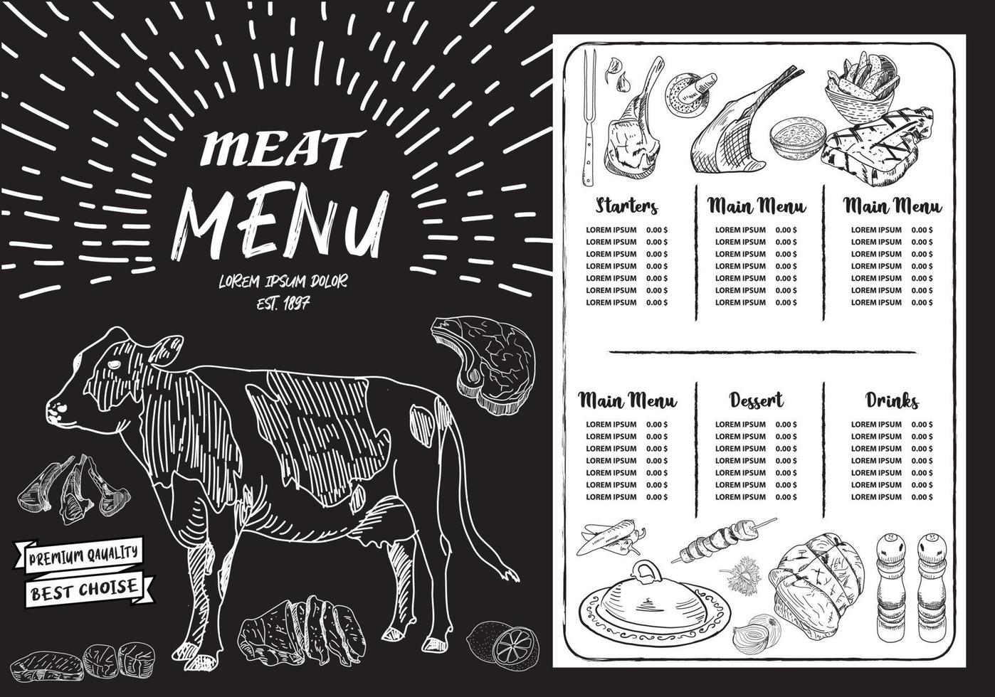 Steak menu for restaurant and cafe. Food flyer. vector