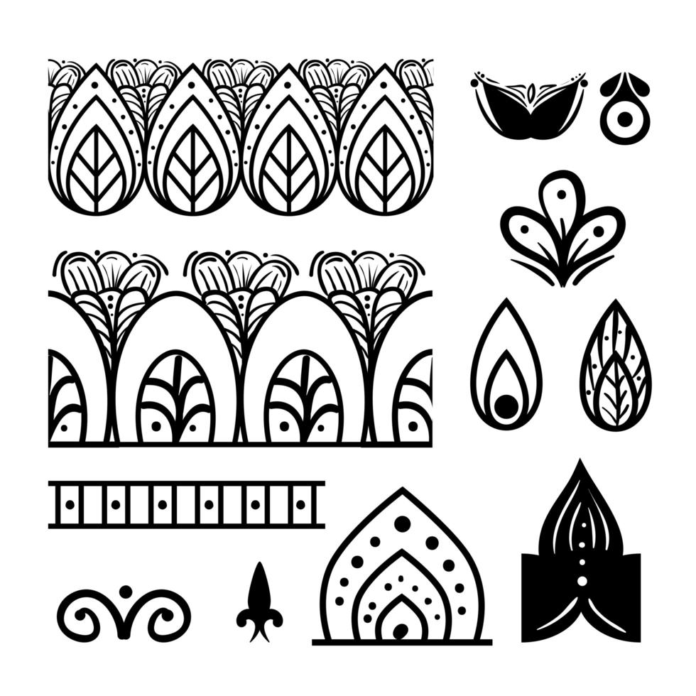 conjunto de iconos indio con motivos florales tradicionales vector