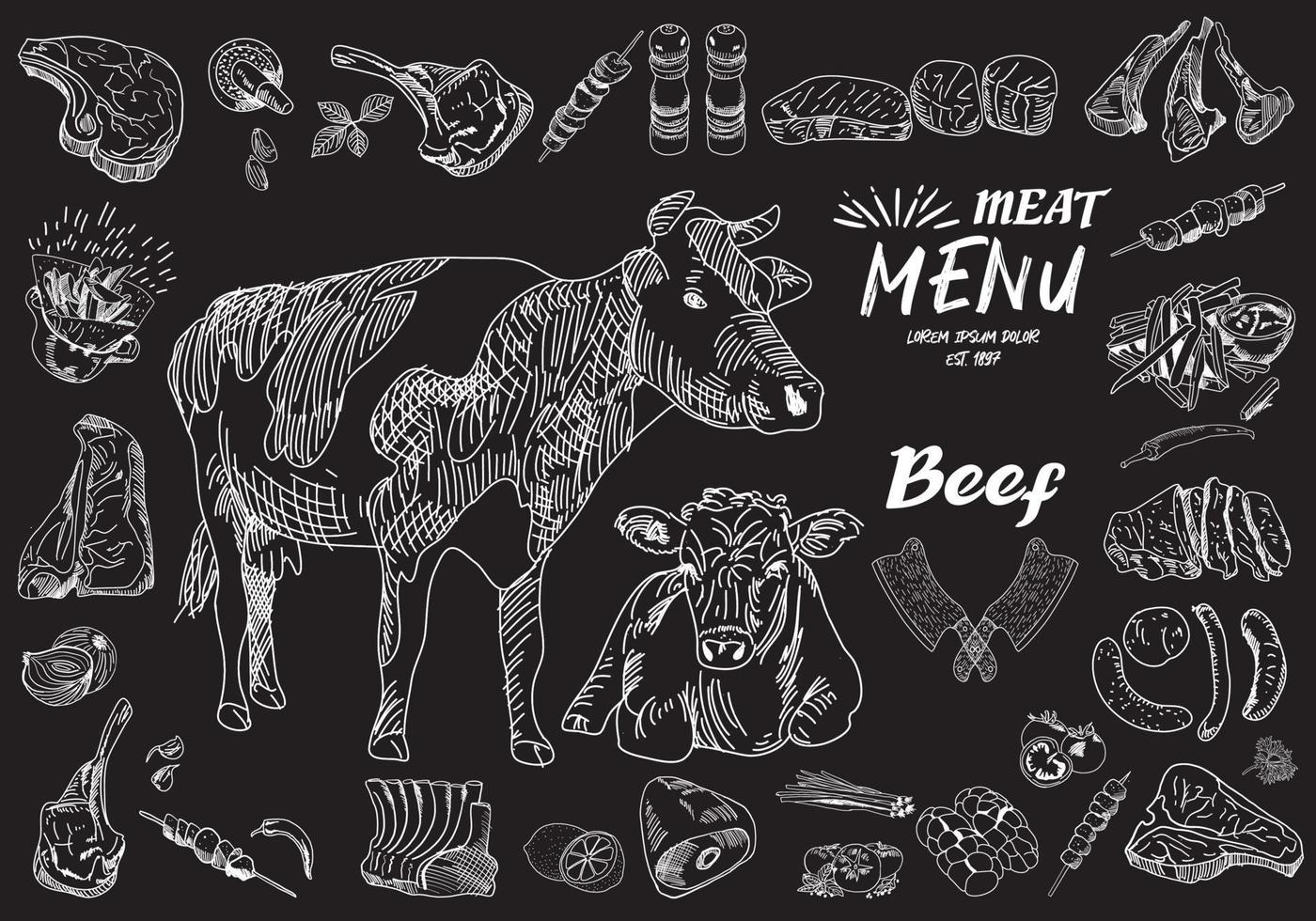 Butcher shop blackboard Cut of Beef Meat. vector