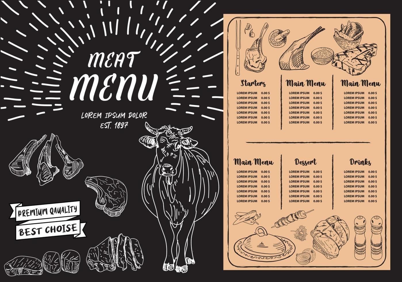 Steak menu for restaurant and cafe. Food flyer. vector