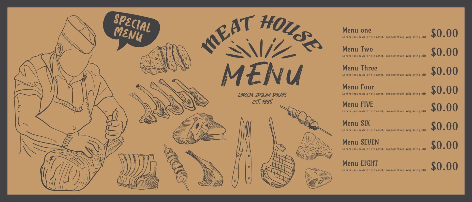 menú de carne para restaurante y cafetería. folleto de comida. vector