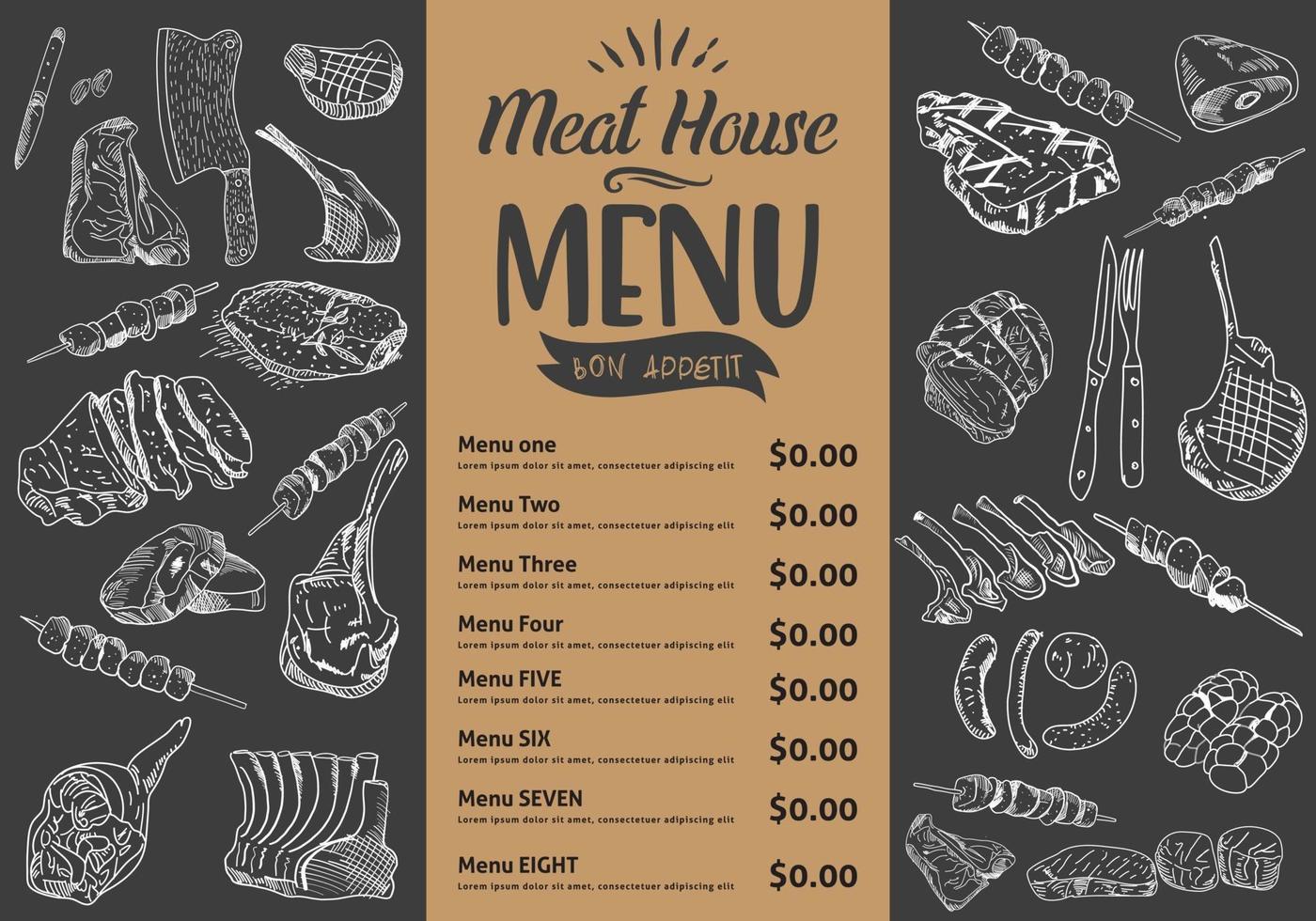 Steak menu for restaurant and cafe. Food flyer. vector