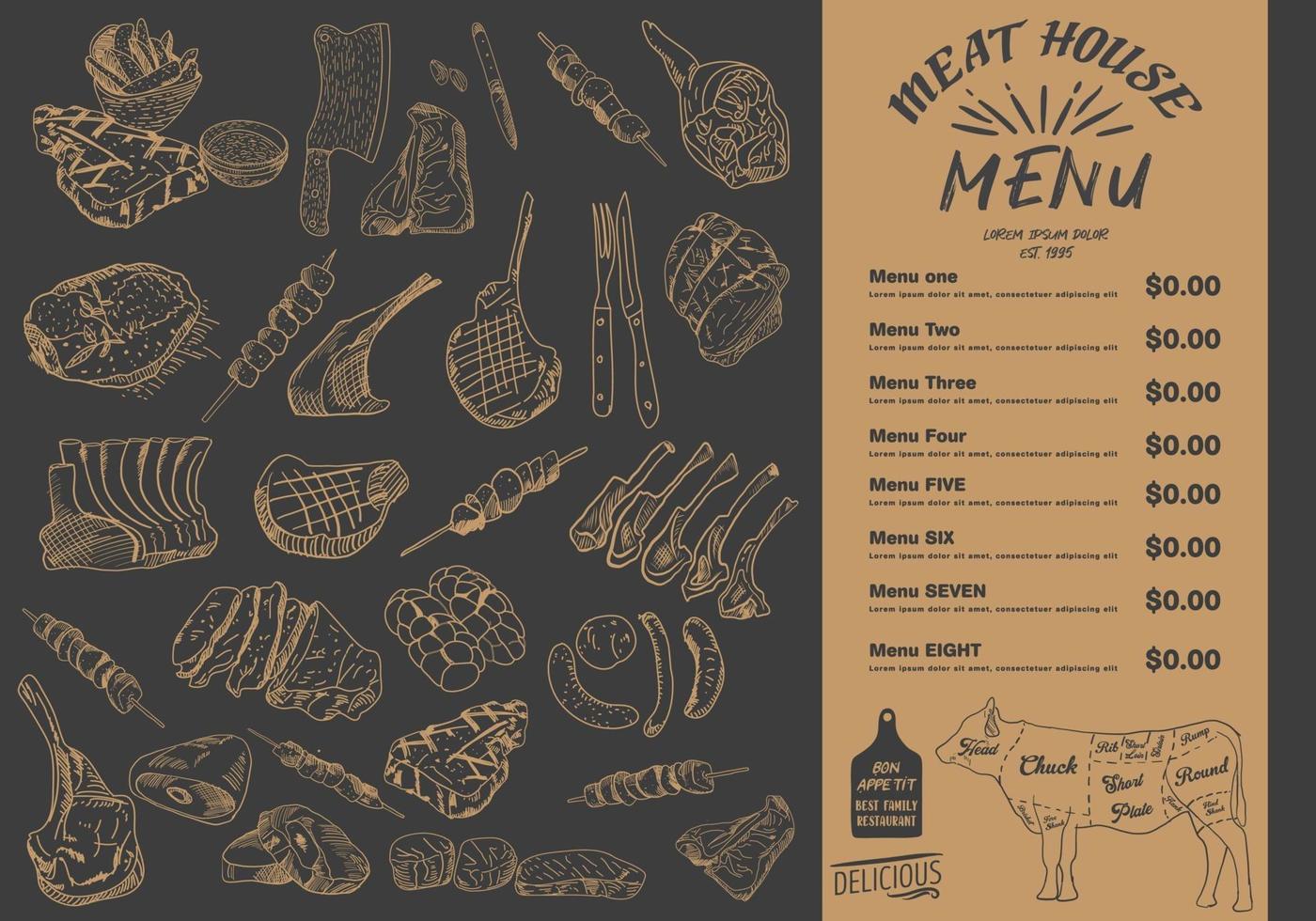 Steak menu for restaurant and cafe. Food flyer. vector