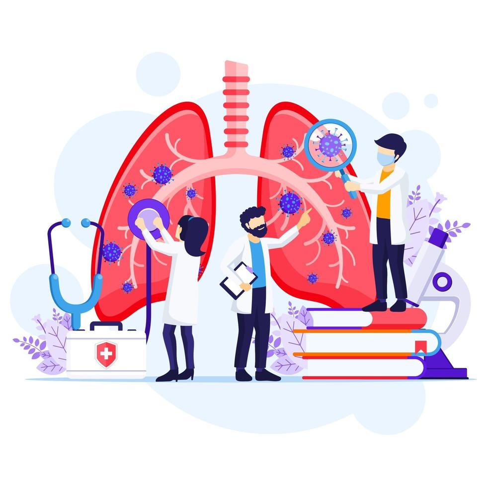 concepto de neumología, los médicos controlan los pulmones humanos en busca de infecciones o problemas mediante la ilustración del virus corona covid-19 vector