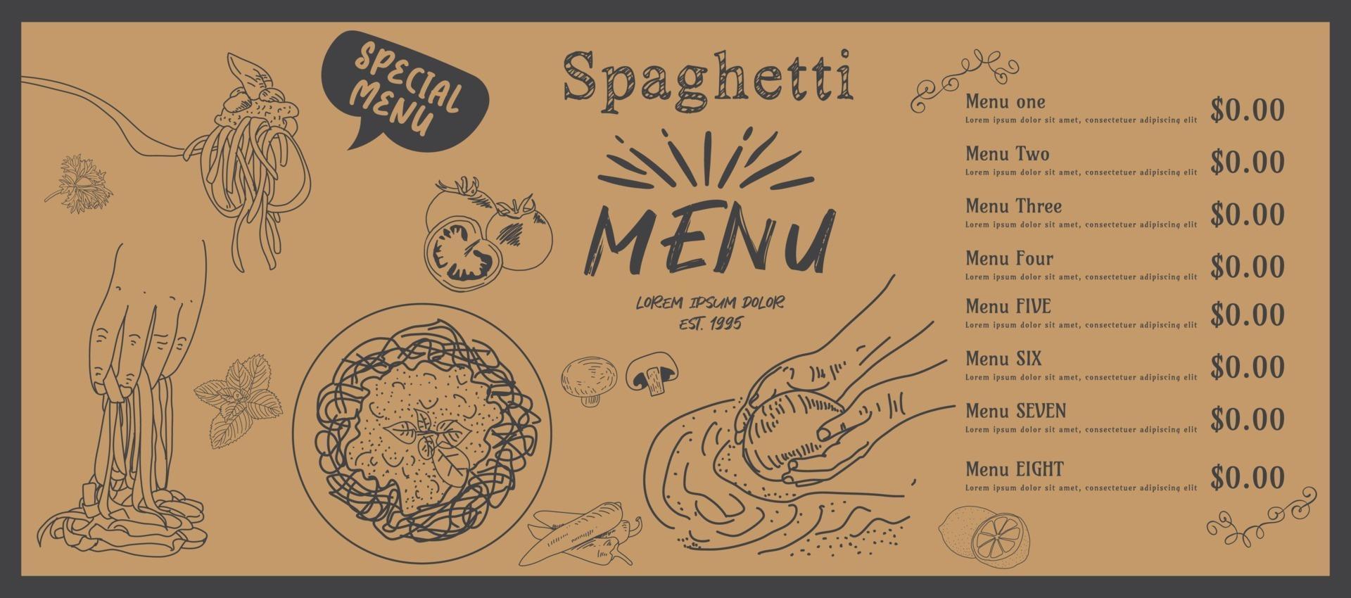 espaguetis italianos. diseño de menú de comida. vector