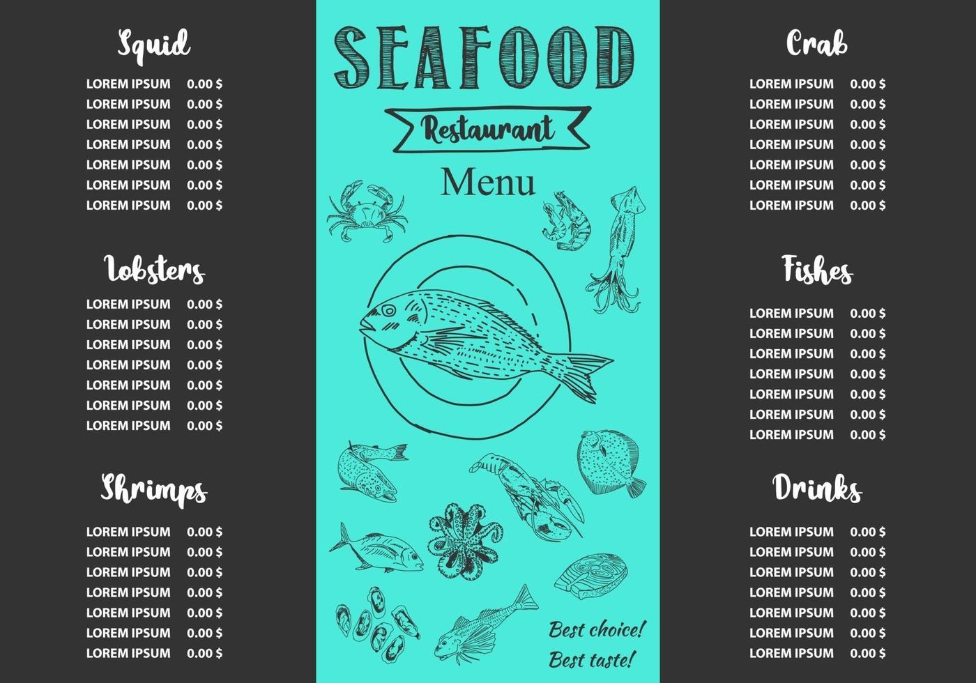 seafood restaurant menu template. Vector. vector