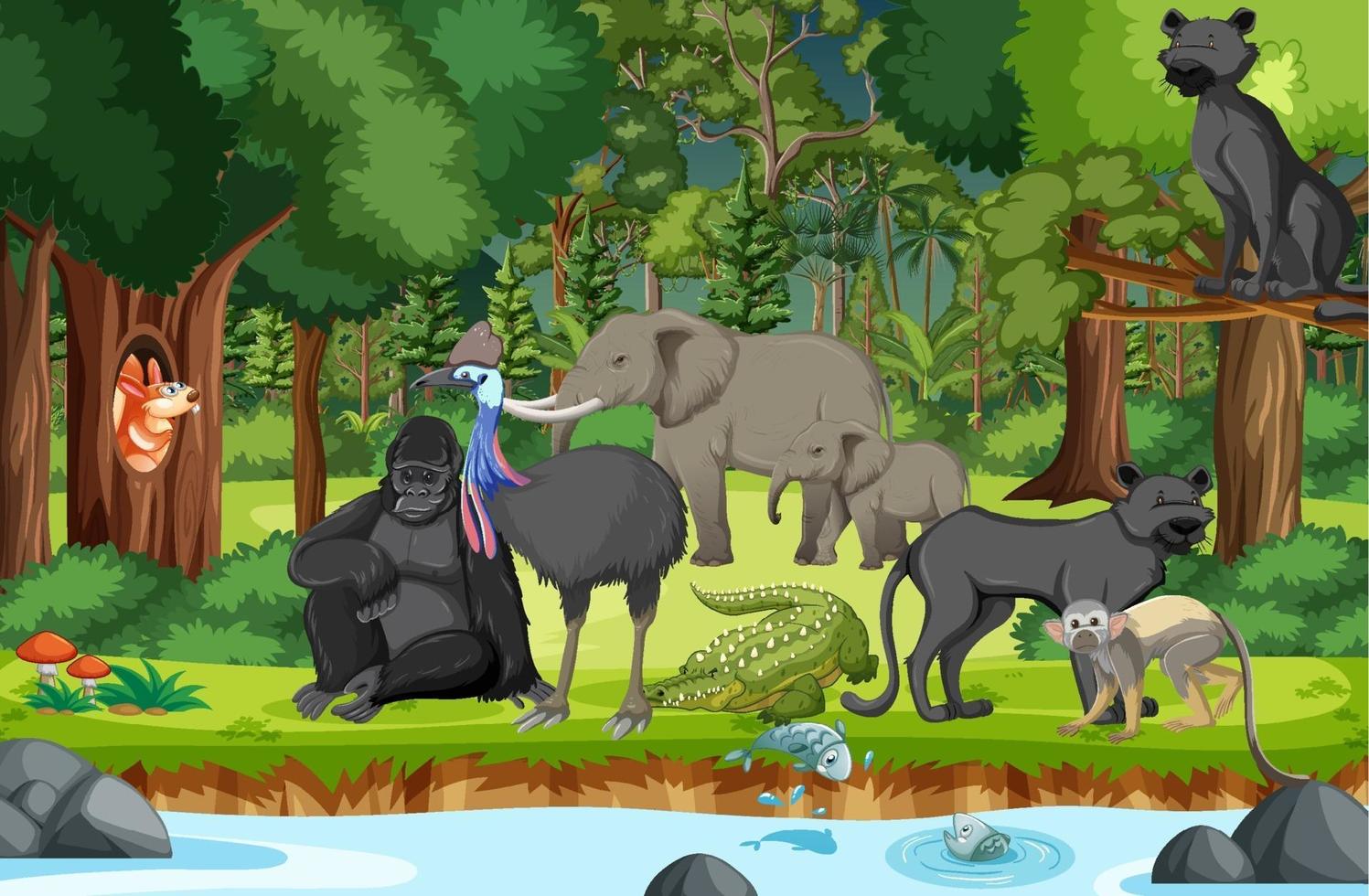 escena de la selva tropical con animales salvajes. vector