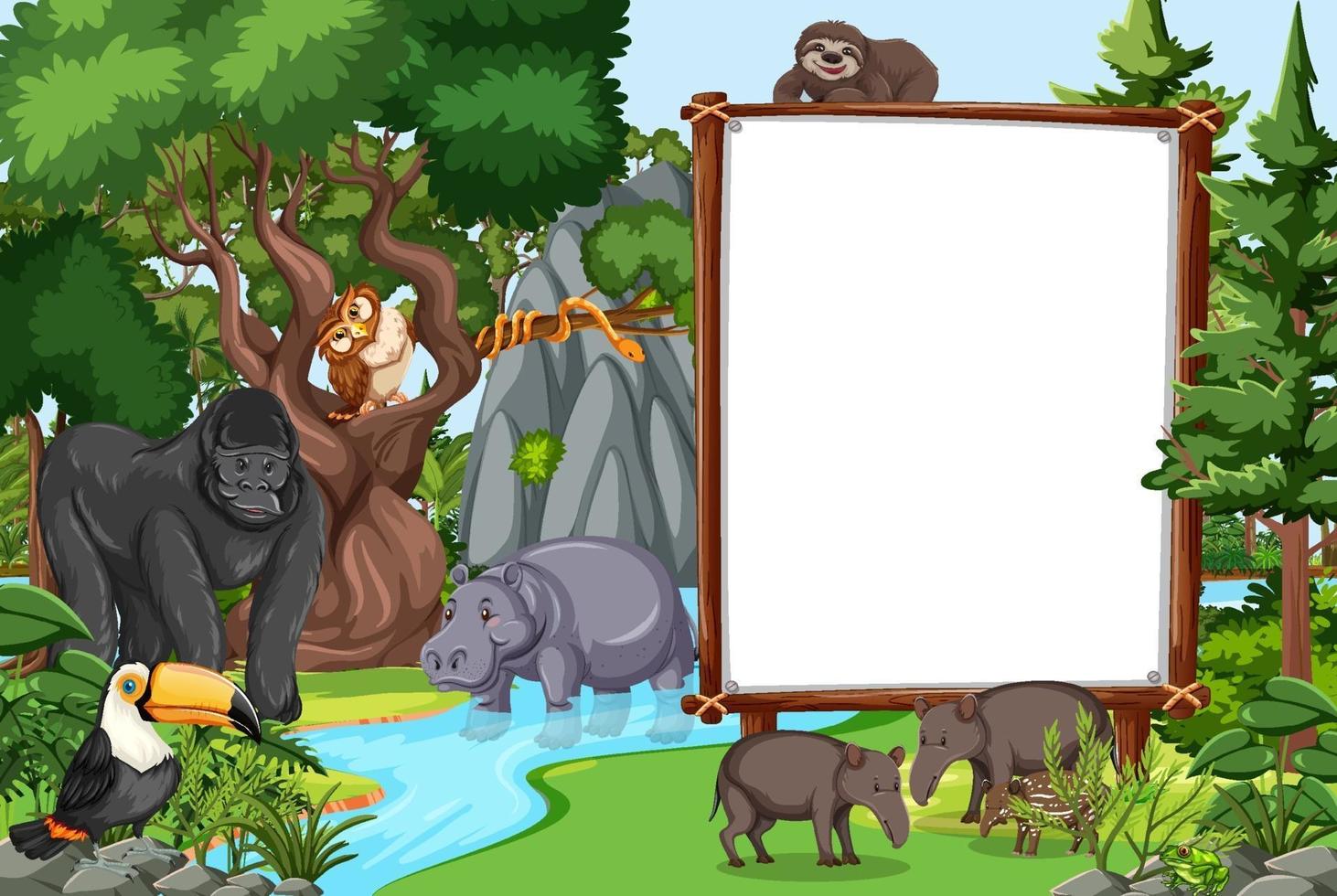 Blank banner in the rainforest scene with wild animals vector