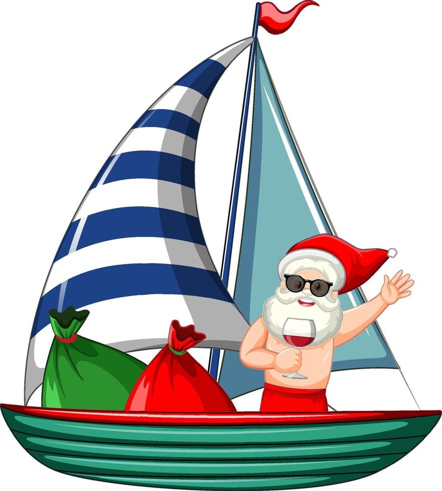 Santa Claus holding wine glass cartoon character standing on the boat with gift bag vector