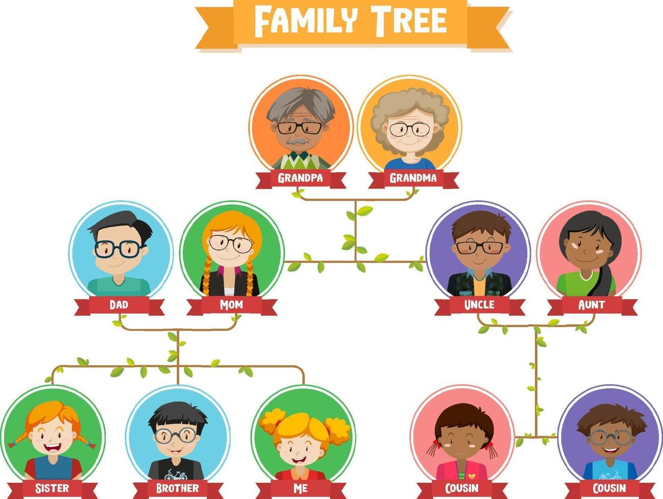 Diagram showing three generation family tree vector