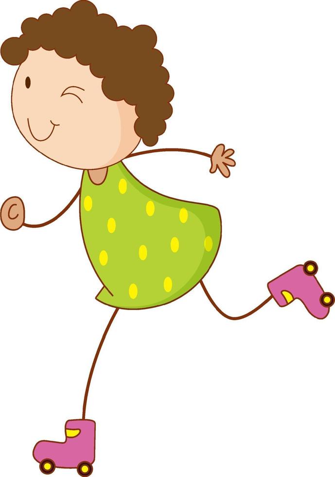 A doodle kid playing roller skates cartoon character isolated vector