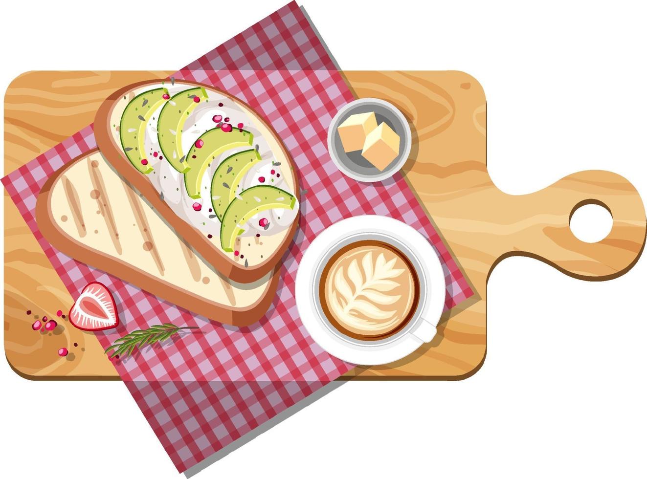 Top view of breakfast set on a cutting board isolated vector