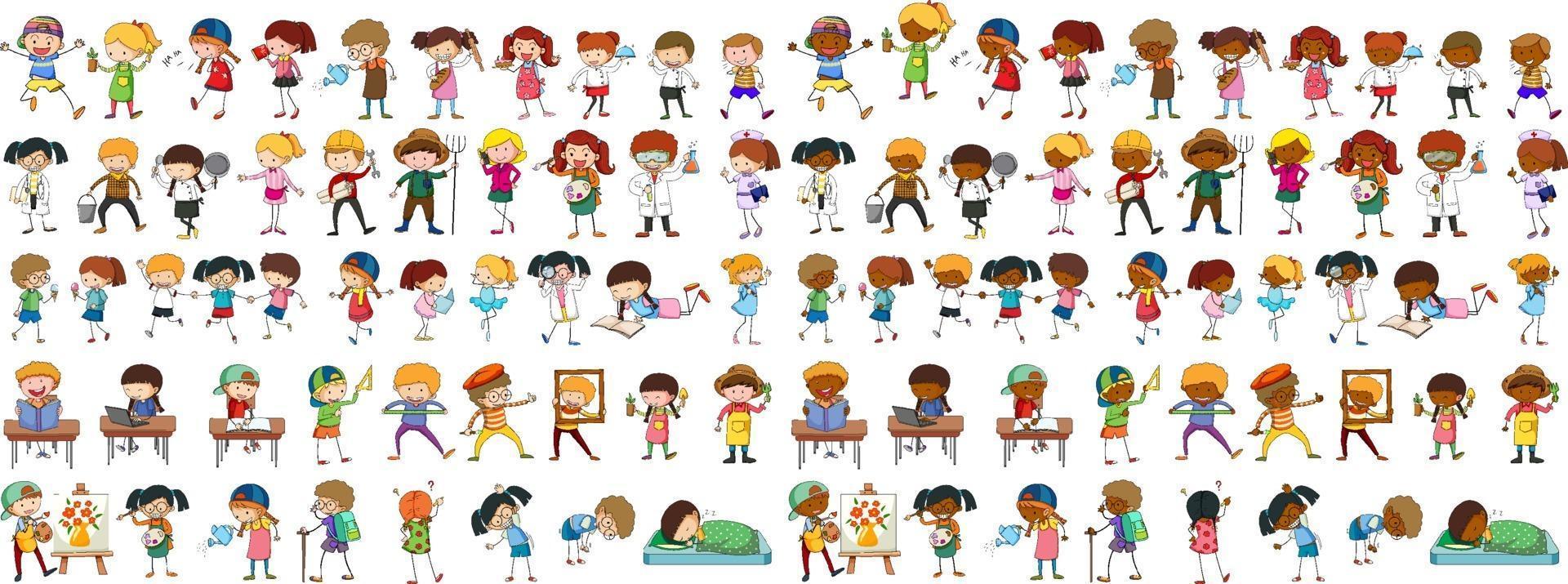 Set of different doodle kids cartoon character vector