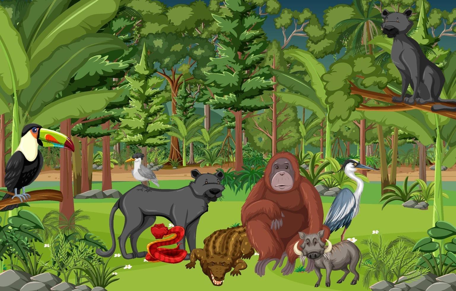 Rainforest scene with wild animals vector