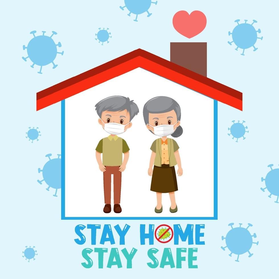 Stay home stay safe font with elderly couple vector