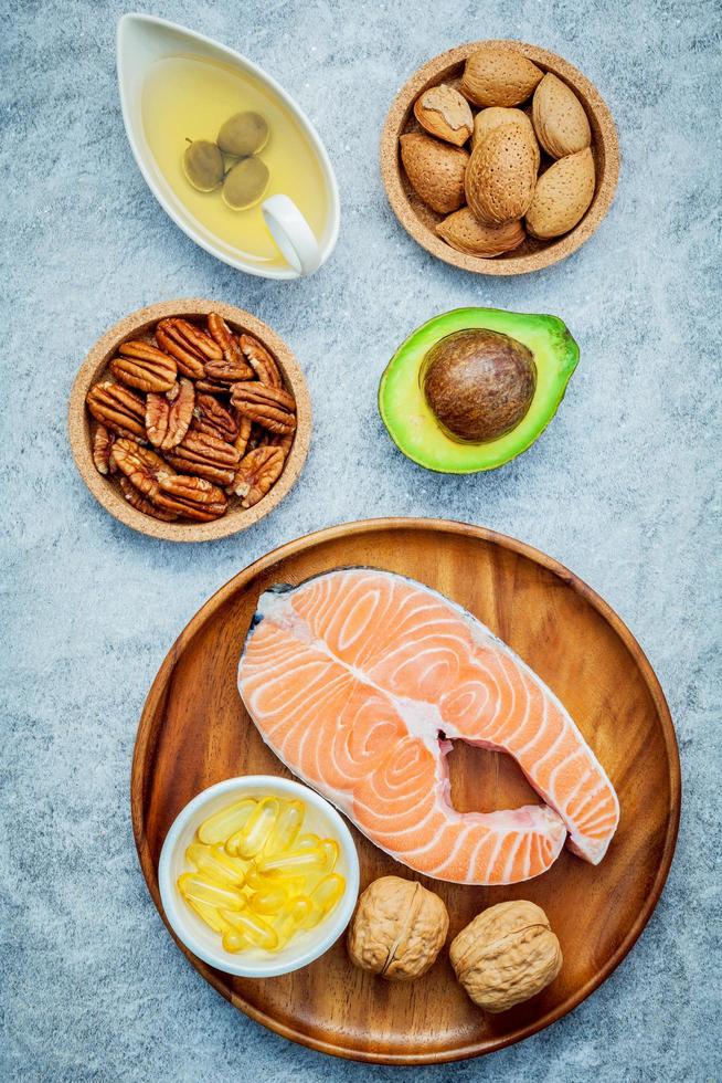 Top view of salmon and healthy foods photo