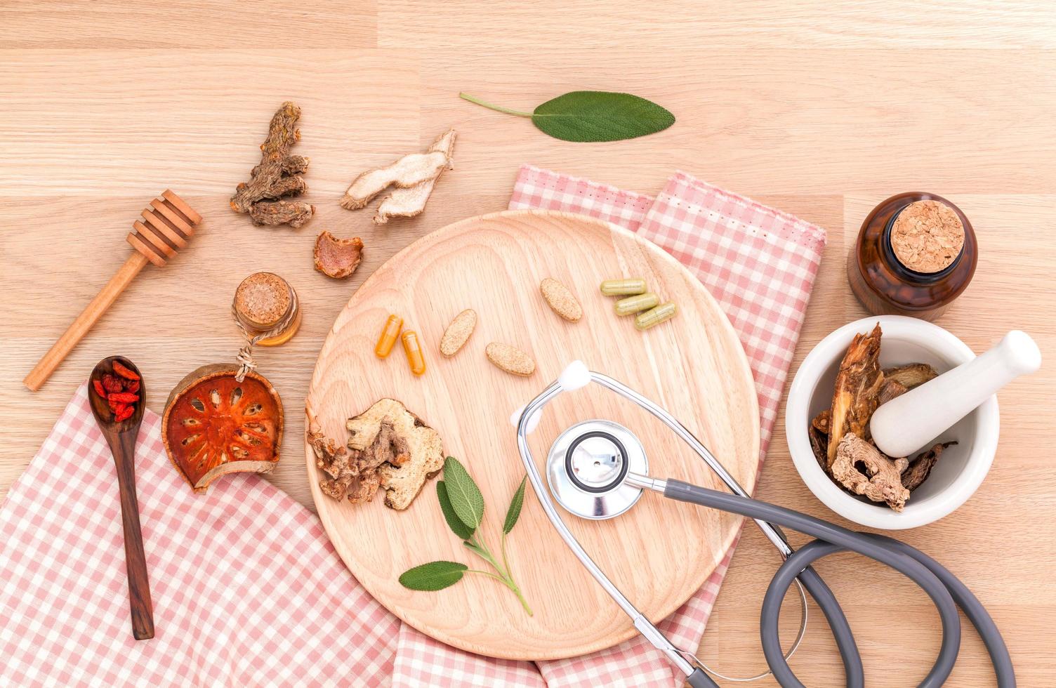 Alternative medicine top view on wood table photo