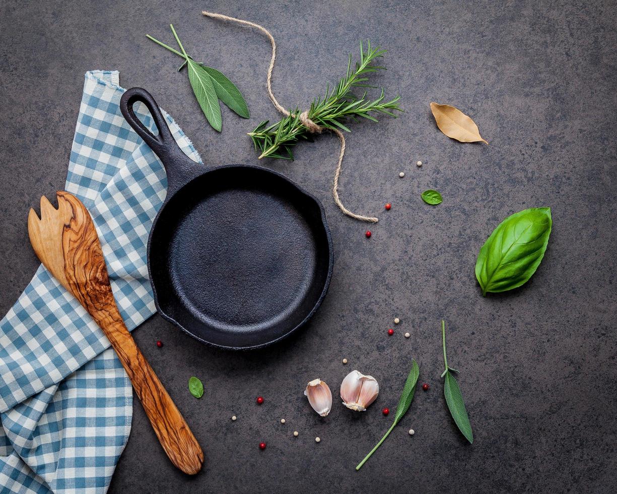 Top view of a cast iron skillet on a dark stone background photo