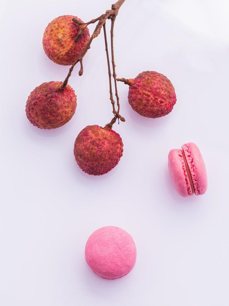 Brunch of ripe lychee and lychee macaroons photo