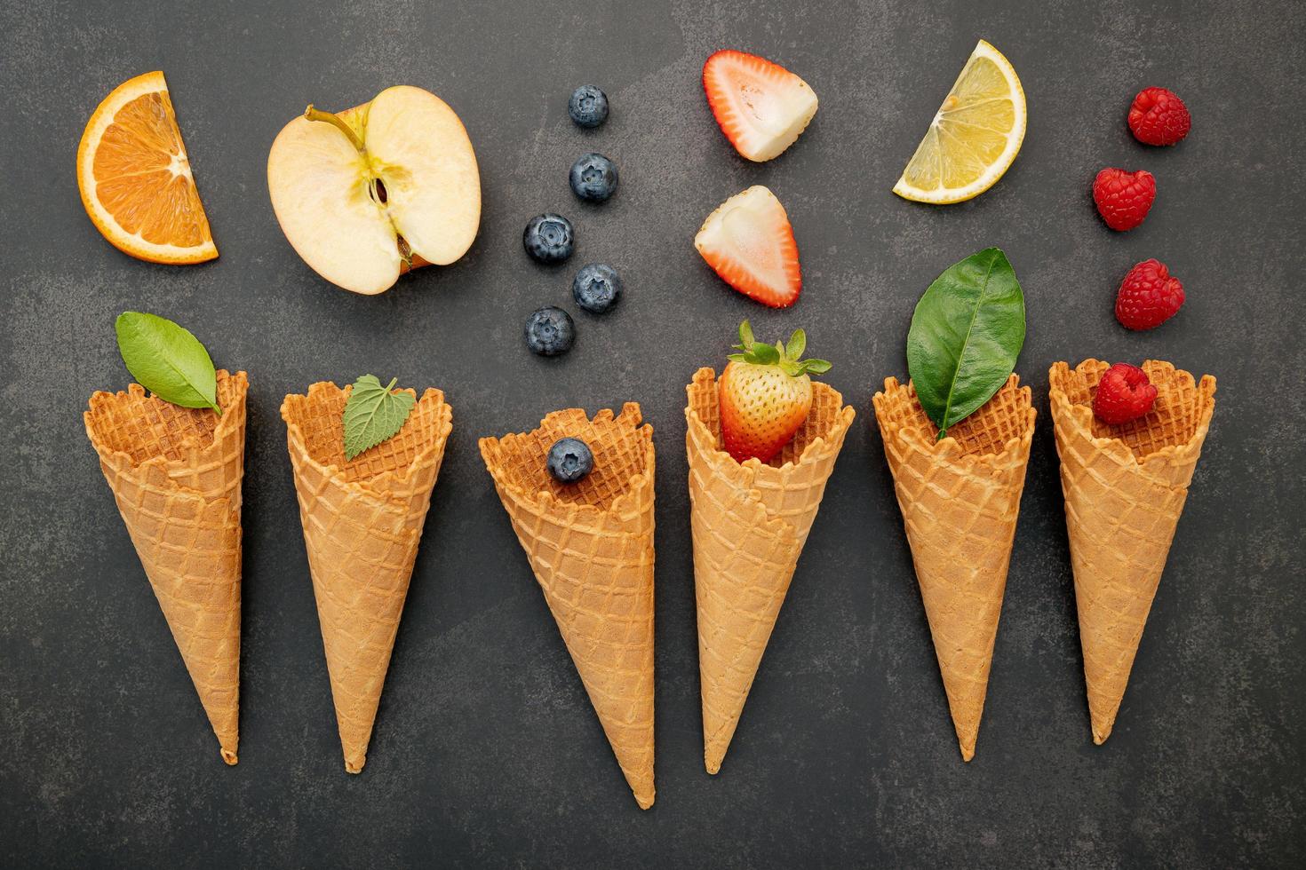 Fruit with waffle cones photo