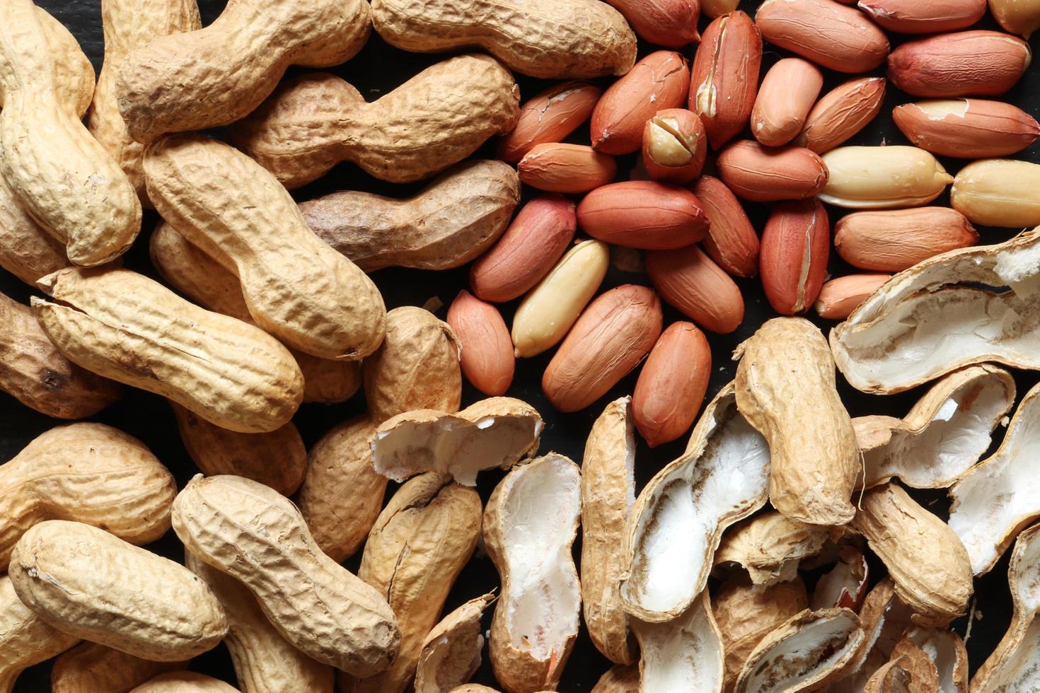 Peanuts whole, peeled, and empty shells photo