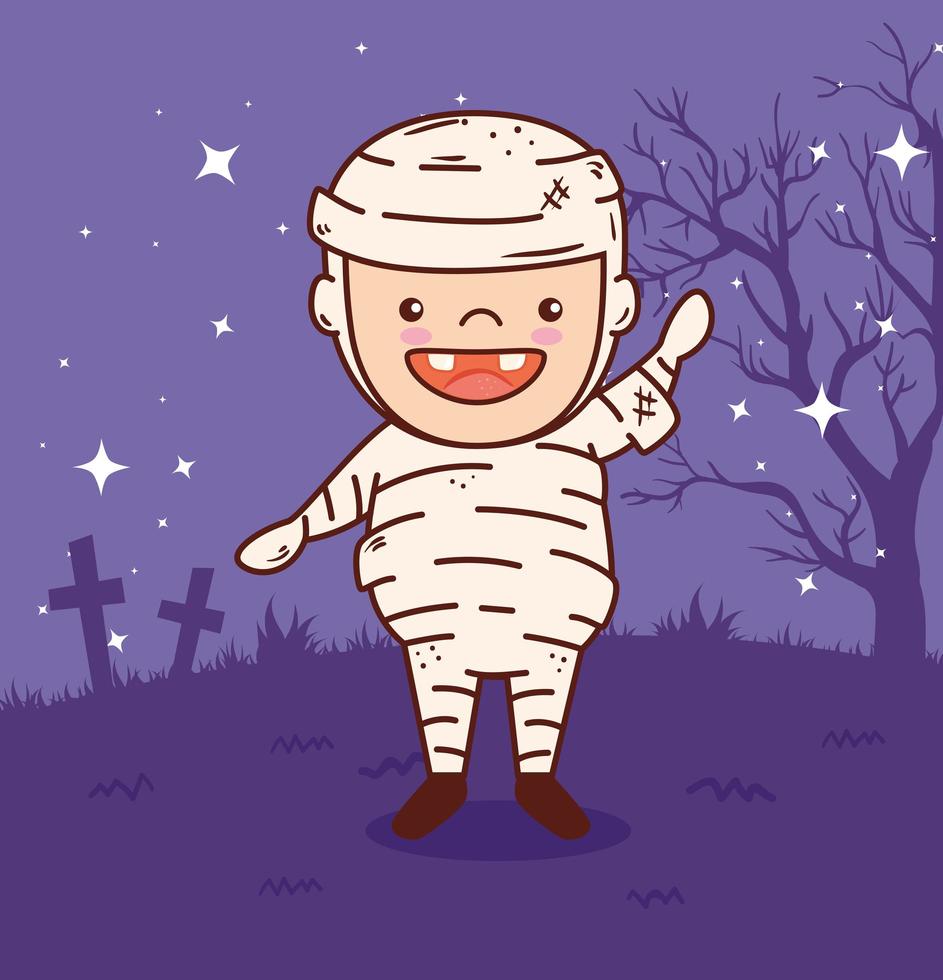 cute boy in a mummy costume for halloween celebration vector