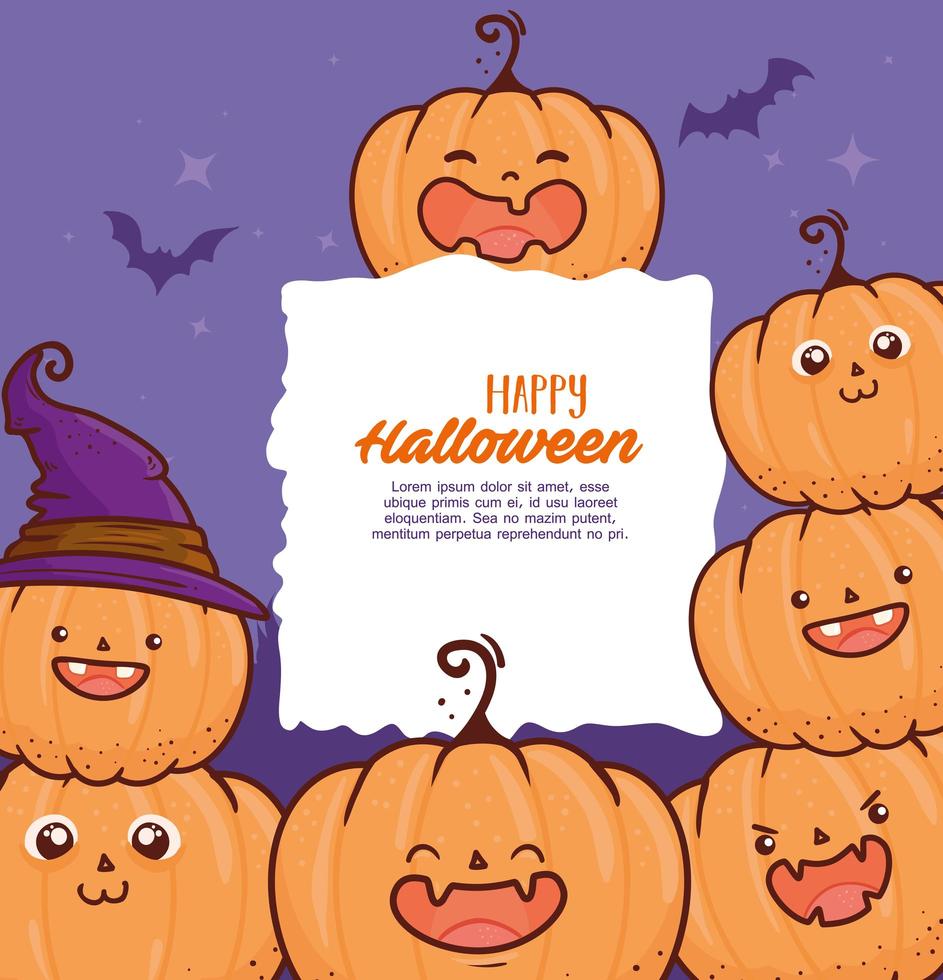 happy halloween banner with cute pumpkins and bats flying vector