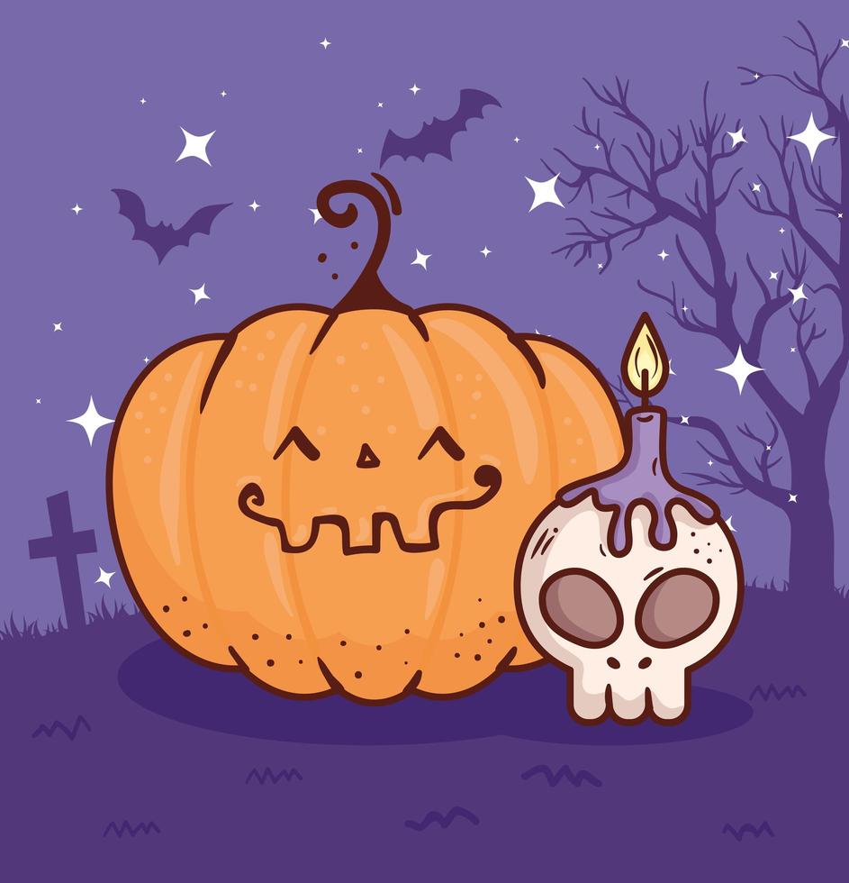 feliz halloween, calabaza en el cementerio con calavera y vela vector