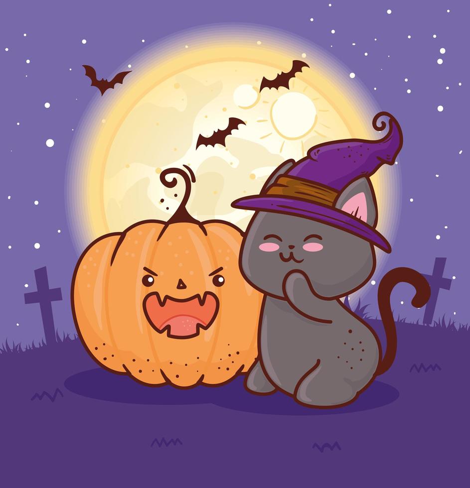 gato de halloween con sombrero de bruja y calabaza en el cementerio vector