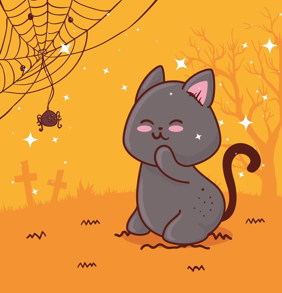 happy halloween with cute cat and spider vector