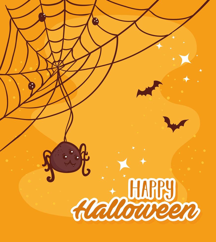 feliz halloween letras con arañas y murciélagos volando vector