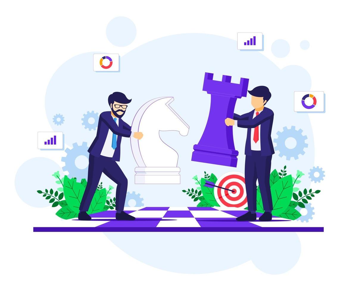 Business strategy concept with businessmen moving chess pieces on chess board. Strategic and tactics in business vector illustration