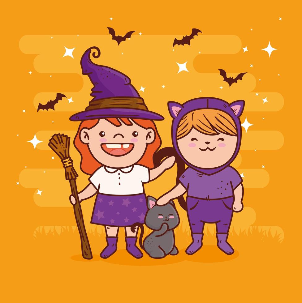 cute girls in costumes for halloween celebration vector